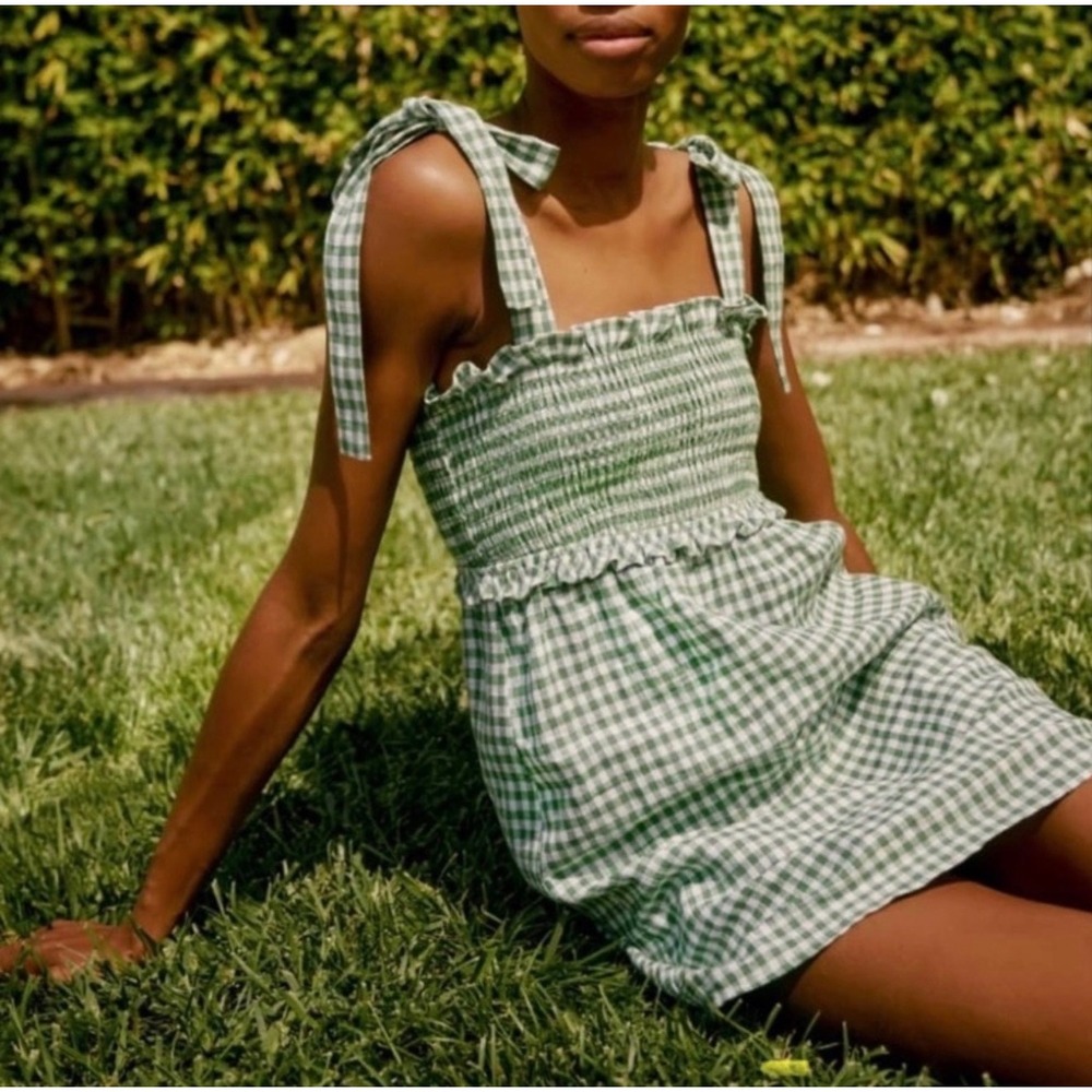 Reformation Dawson Green White Mini Dress Gingham M linen classic preppy